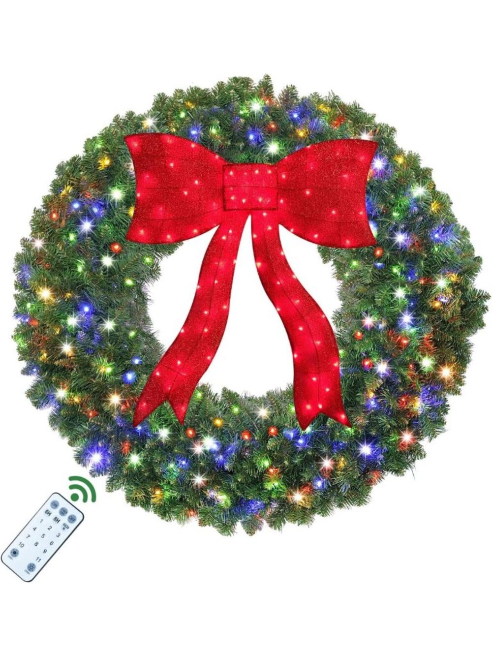 36in Plug-in Christmas Wreath with Bow & 150 LED Lights - Holiday Decor